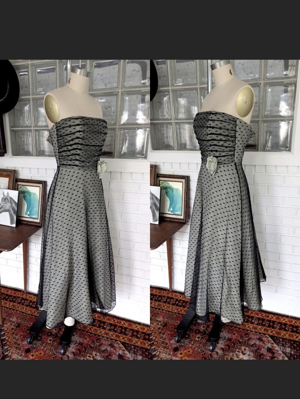 Scott McClintok vintage 90's pale seafoam green and black polka dot Dress - Picture 2 of 7